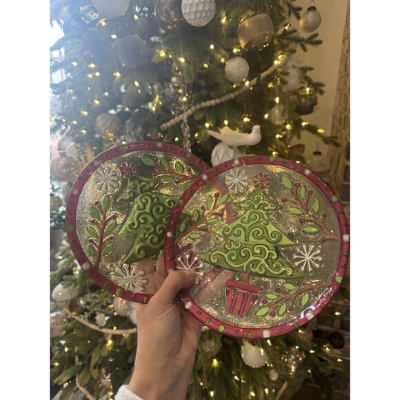 Set of 2 Christmas holiday rare Tree Glass Appetizer Dessert Plates 8” NWT - Picture 7 of 8